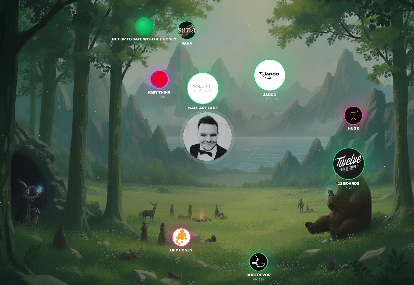 A real Mute board: client loops floating as orbs over a calm forest wallpaper, with one face held in focus